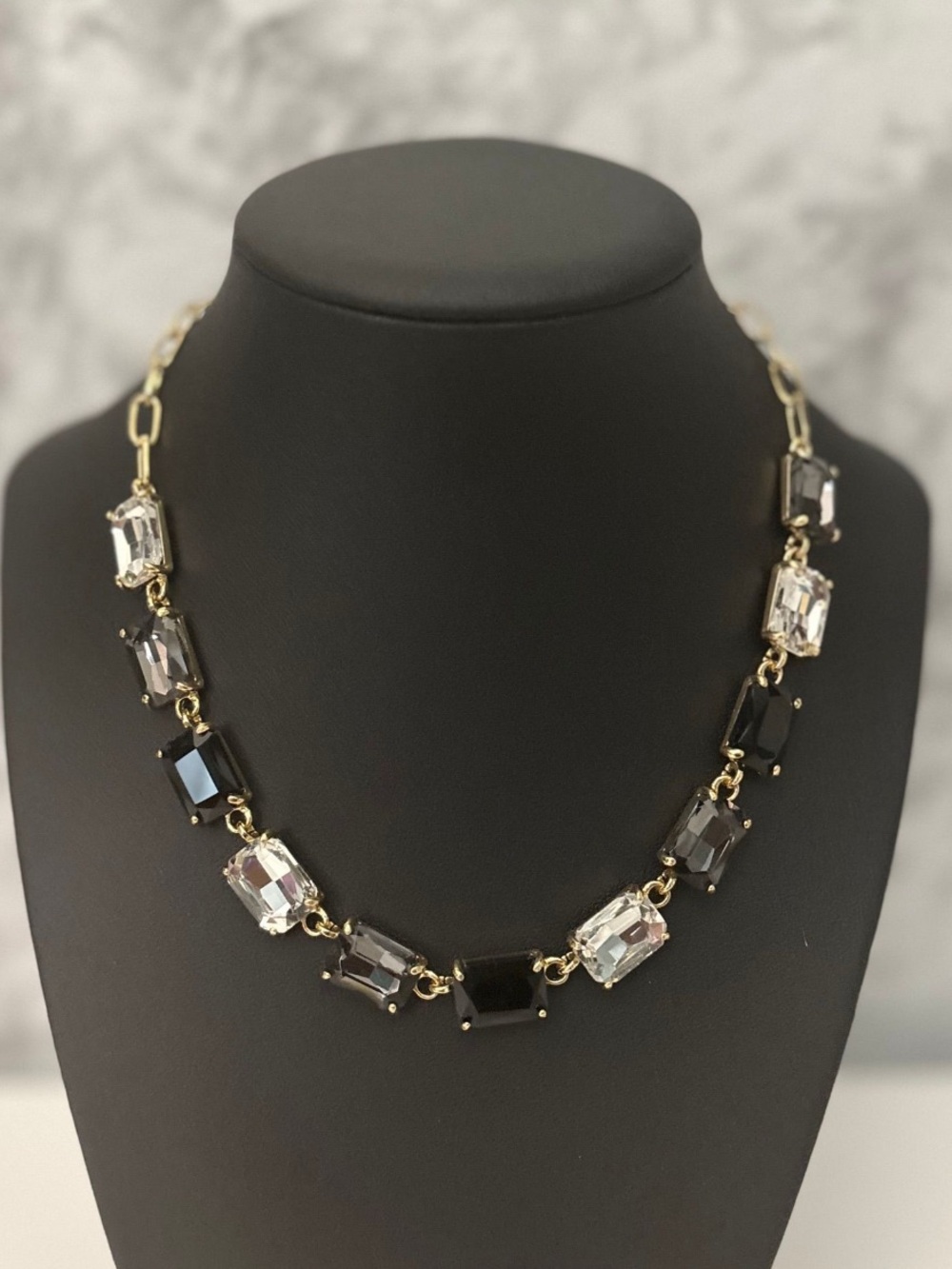 Black Multi Rectangle Glass Link Gold Necklace
